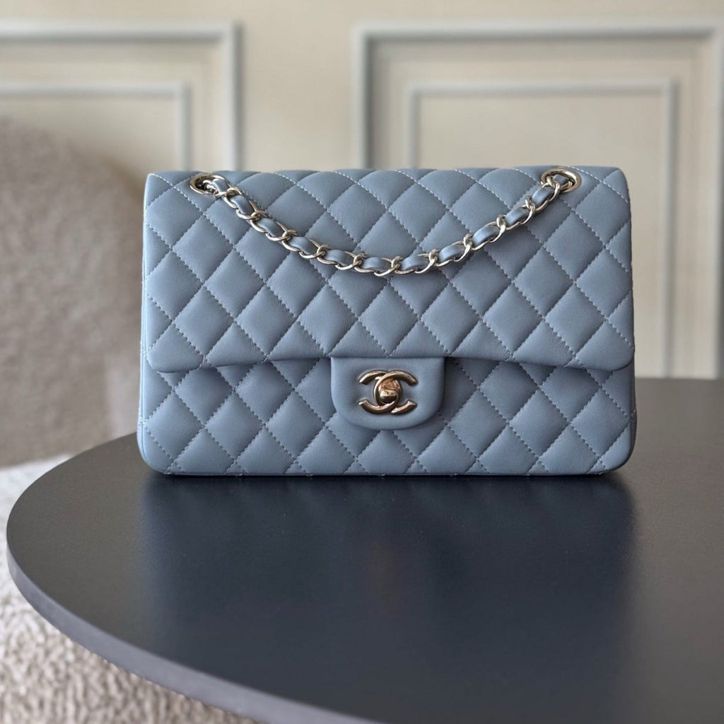 CHANEL 25S CLASSIC FLAP BAG 25 CM IN SLATE BLUE GRAY LAMBSKIN WITH GOLD HARDWARE