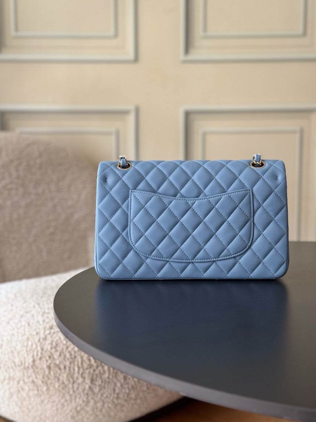 CHANEL 25S CLASSIC FLAP BAG 25 CM IN LIGHT BLUE LAMBSKIN WITH GOLD HARDWARE