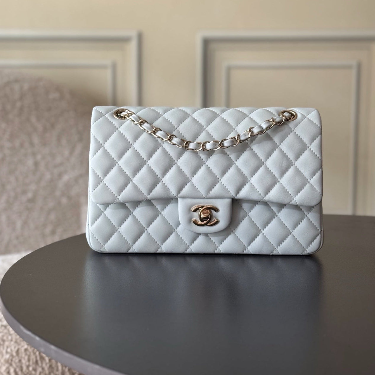 CHANEL 25S CLASSIC FLAP BAG 25 CM IN LIGHT GRAY BLUE LAMBSKIN WITH GOLD HARDWARE