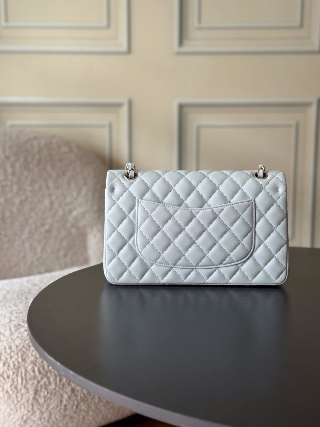 CHANEL 25S CLASSIC FLAP BAG 25 CM IN LIGHT GRAY BLUE LAMBSKIN WITH GOLD HARDWARE