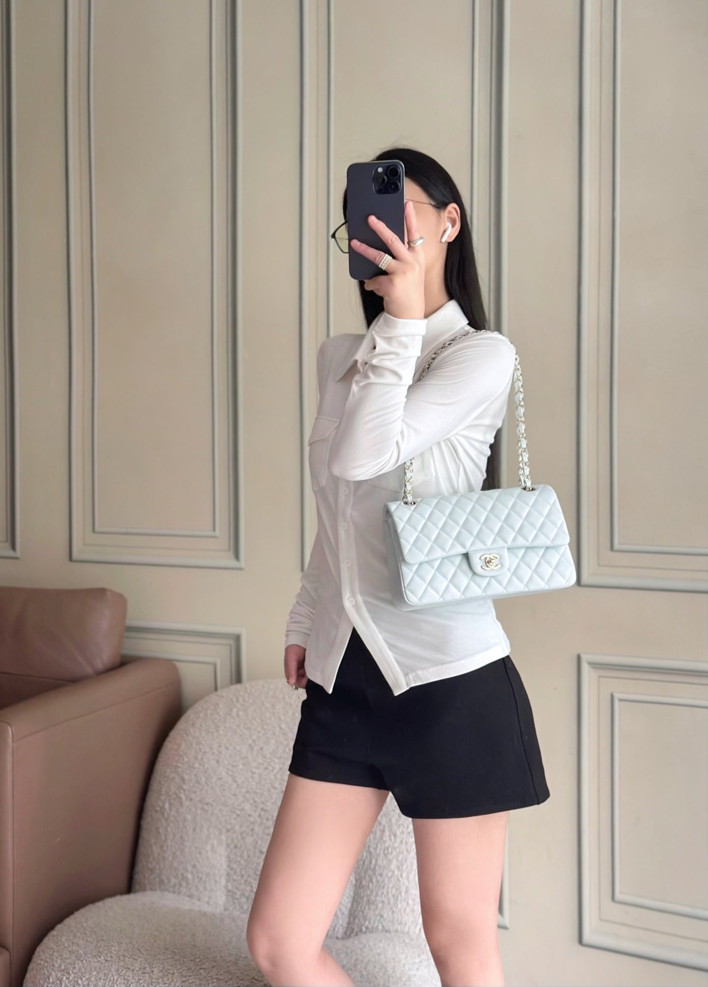 CHANEL 25S CLASSIC FLAP BAG 25 CM IN LIGHT GRAY BLUE LAMBSKIN WITH GOLD HARDWARE