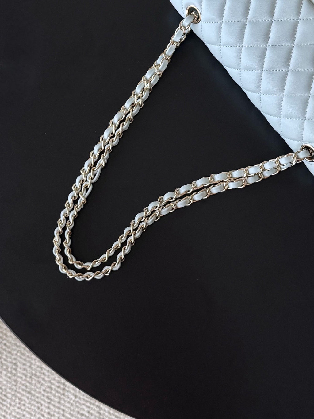 CHANEL 25S CLASSIC FLAP BAG 25 CM IN LIGHT GRAY BLUE LAMBSKIN WITH GOLD HARDWARE