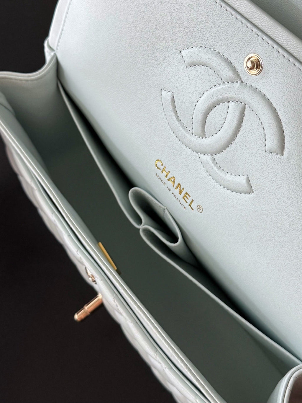 CHANEL 25S CLASSIC FLAP BAG 25 CM IN LIGHT GRAY BLUE LAMBSKIN WITH GOLD HARDWARE