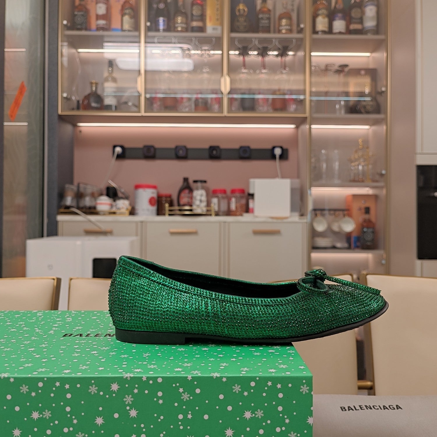 RHINESTONE BALLET FLATS WITH BOW IN FUN GREEN SHEEPSKIN