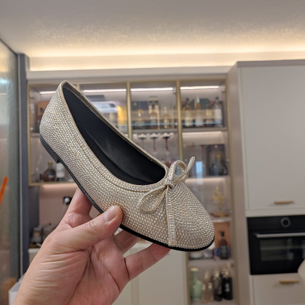 RHINESTONE BALLET FLATS WITH BOW IN BEIGE SHEEPSKIN