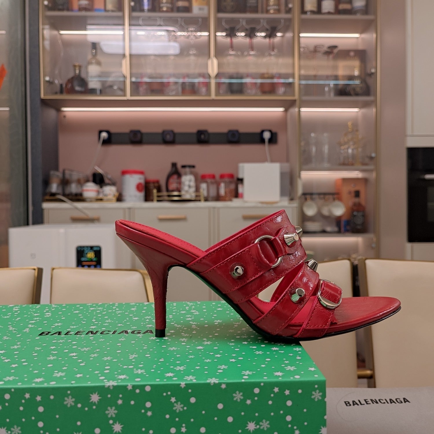 STRAPPY HIGH-HEELED SANDALS IN RED STUDDED WAX-OIL SHEEPSKIN