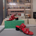 STRAPPY MEDIUM HEELED SANDALS IN RED STUDDED WAX-OIL SHEEPSKIN