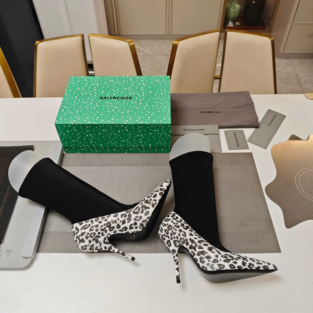 BALENCIAGA 25S POINTED-TOE HIGH HEELS 90 MM IN BLACK FABRIC AND LEOPARD PRINT CALFSKIN STYLE 3