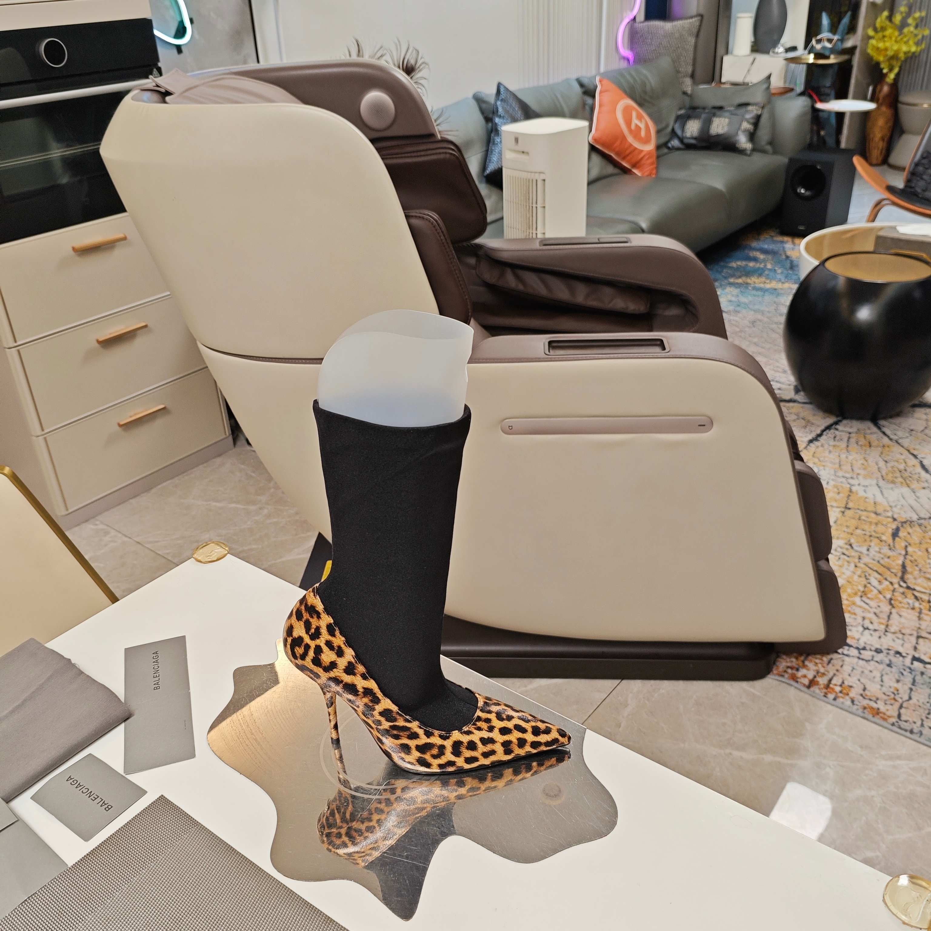 BALENCIAGA 25S POINTED-TOE HIGH HEELS 90 MM IN BLACK FABRIC AND LEOPARD PRINT CALFSKIN STYLE 2