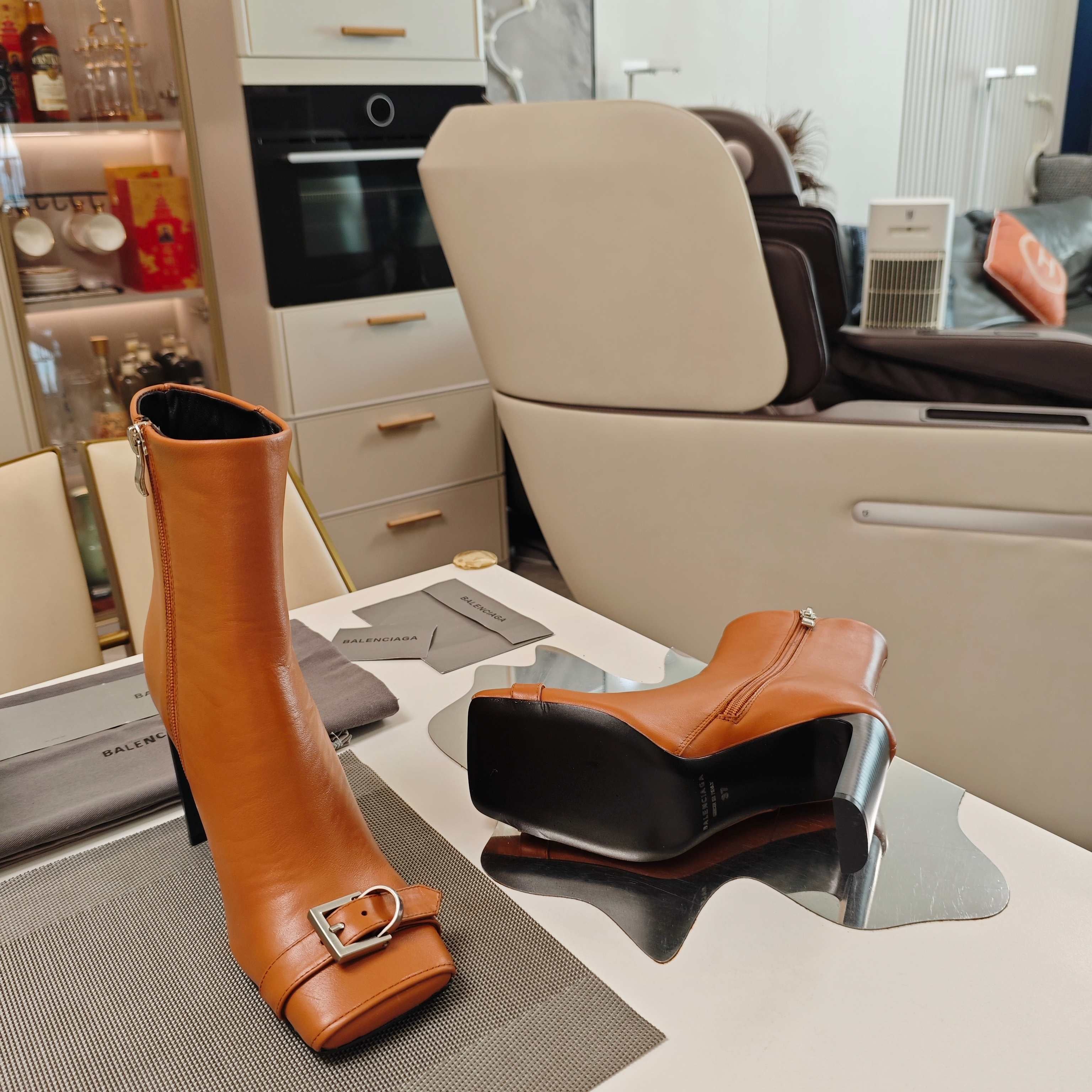 BALENCIAGA 25S BEL AIR BOOTS 115 MM IN DARK ORANGE CALFSKIN WITH SILVER HARDWARE