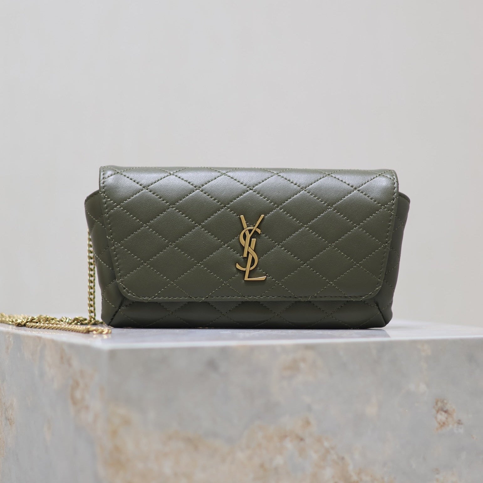 YSL 25S SAINT LAURENT GABY 19 IN DARK OLIVE QUILTED CALFSKIN GOLD HARDWRE