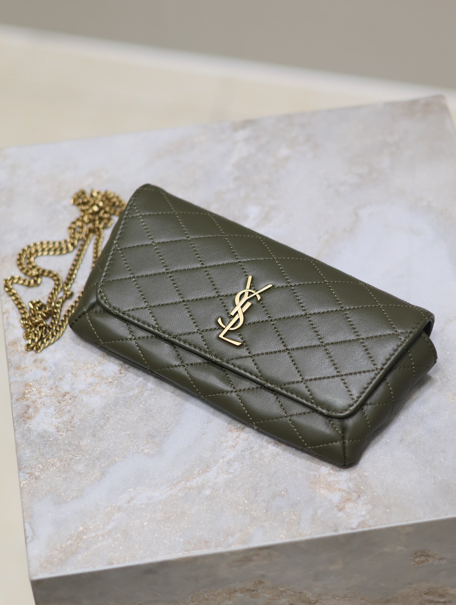 YSL 25S SAINT LAURENT GABY 19 IN DARK OLIVE QUILTED CALFSKIN GOLD HARDWRE