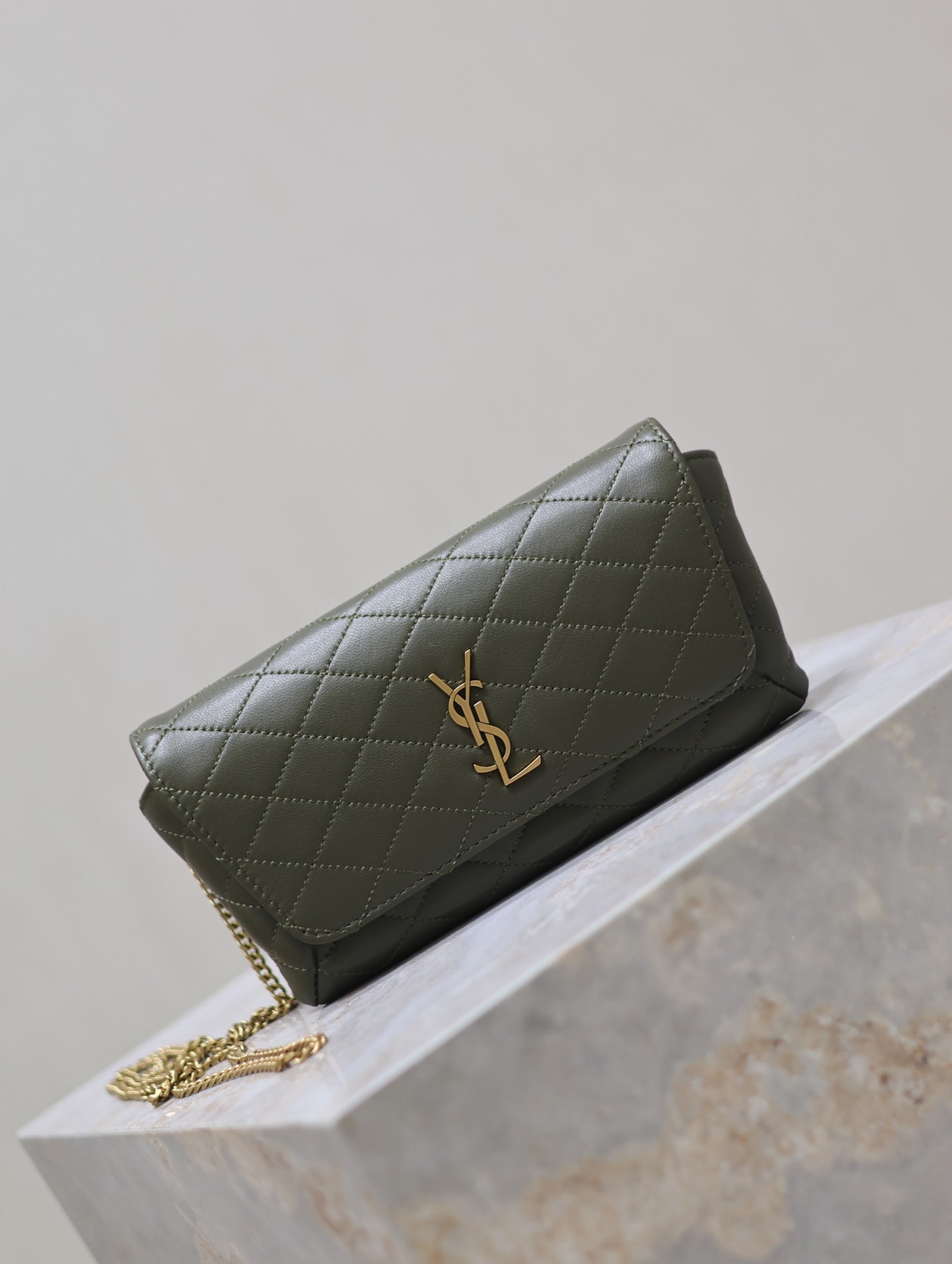 YSL 25S SAINT LAURENT GABY 19 IN DARK OLIVE QUILTED CALFSKIN GOLD HARDWRE