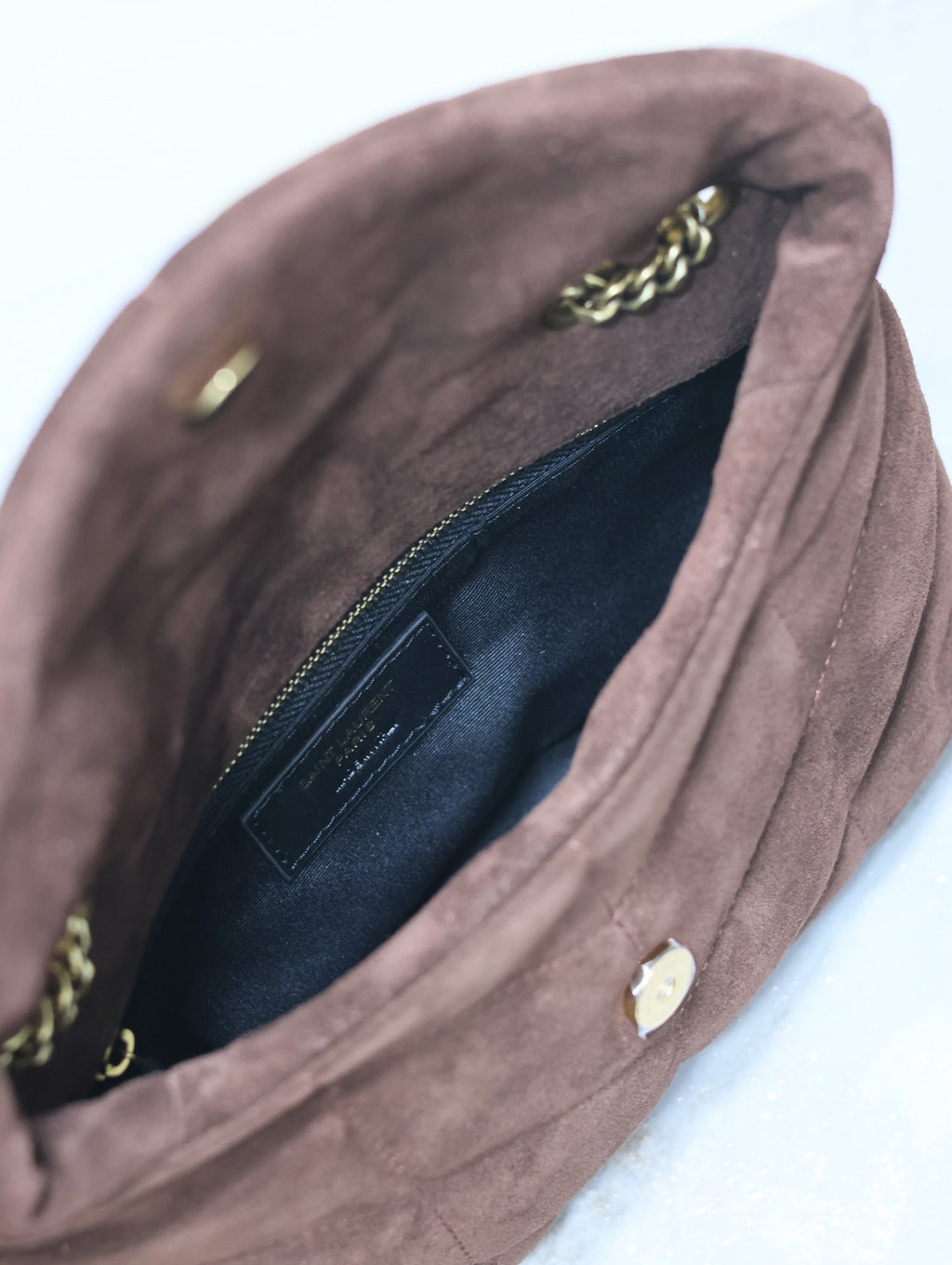 YSL 25S LOULOU PUFFER MINI 23 IN DARK BROWN SUEDE GOLD HARDWARE