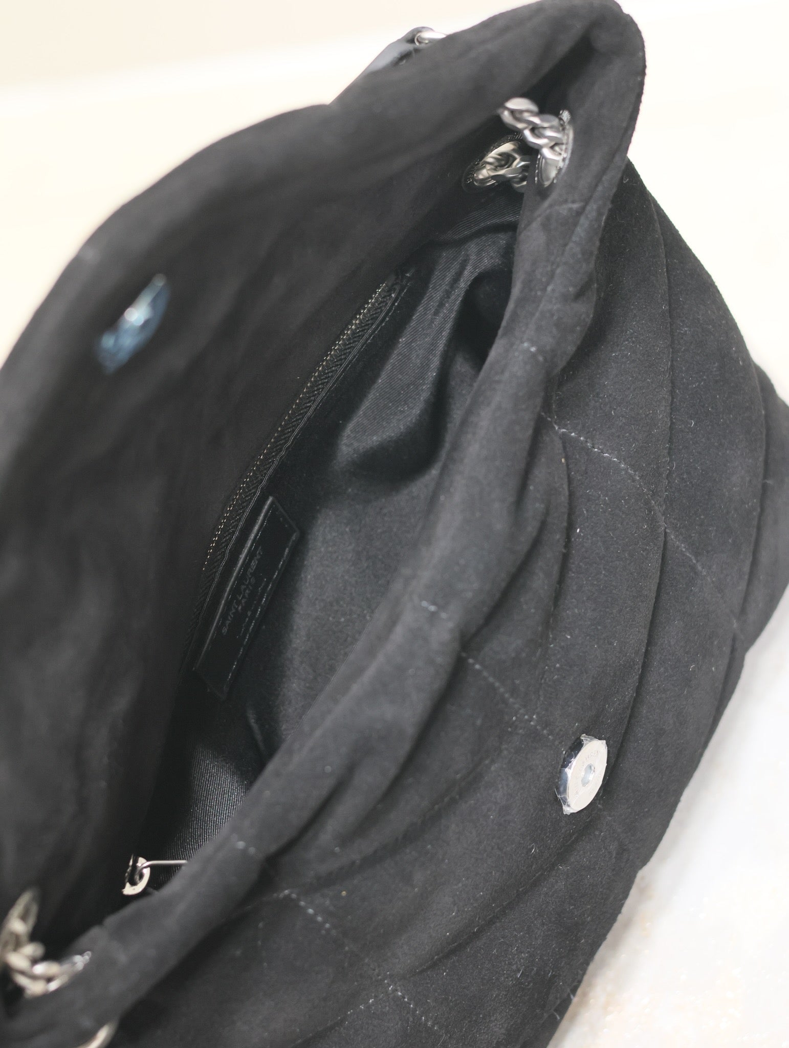 YSL 25S LOULOU PUFFER MM 29 IN BLACK SUEDE SILVER HARDWARE