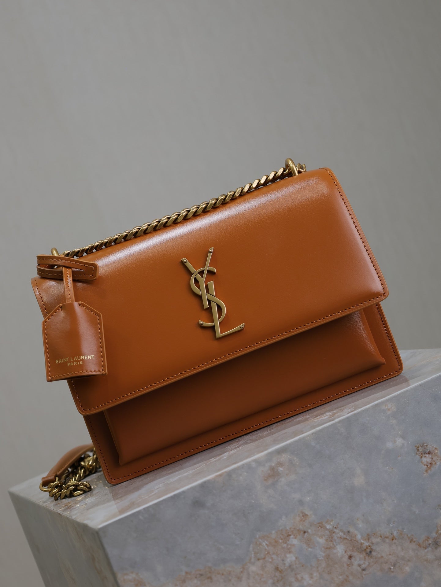 YSL 25S SUNSET BAG 22 IN DARK CARAMEL CALFSKIN GOLD HARDWARE
