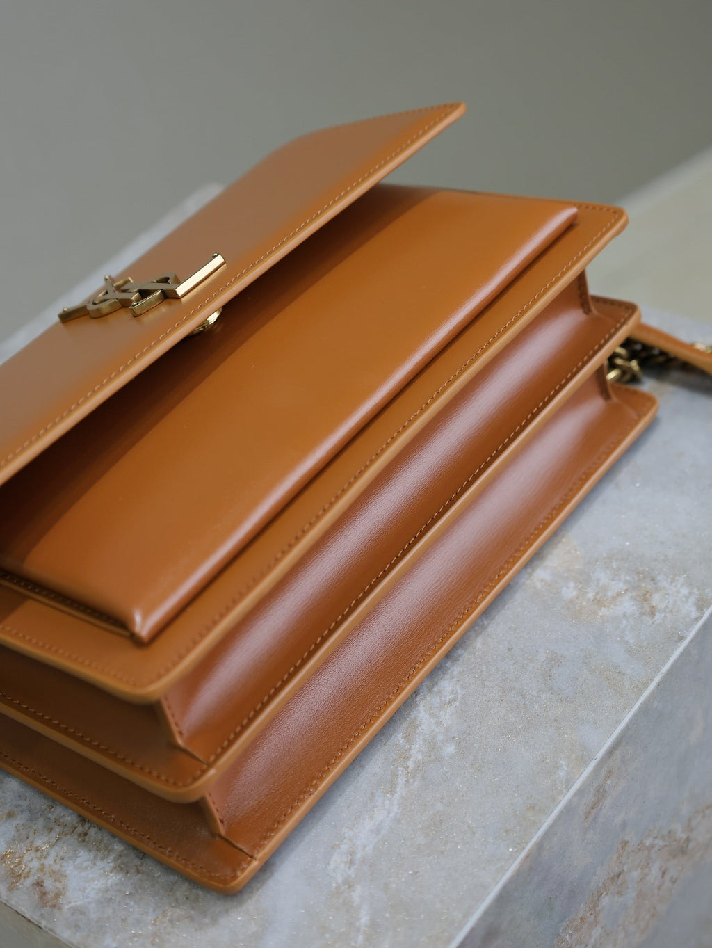 YSL 25S SUNSET BAG 22 IN DARK CARAMEL CALFSKIN GOLD HARDWARE