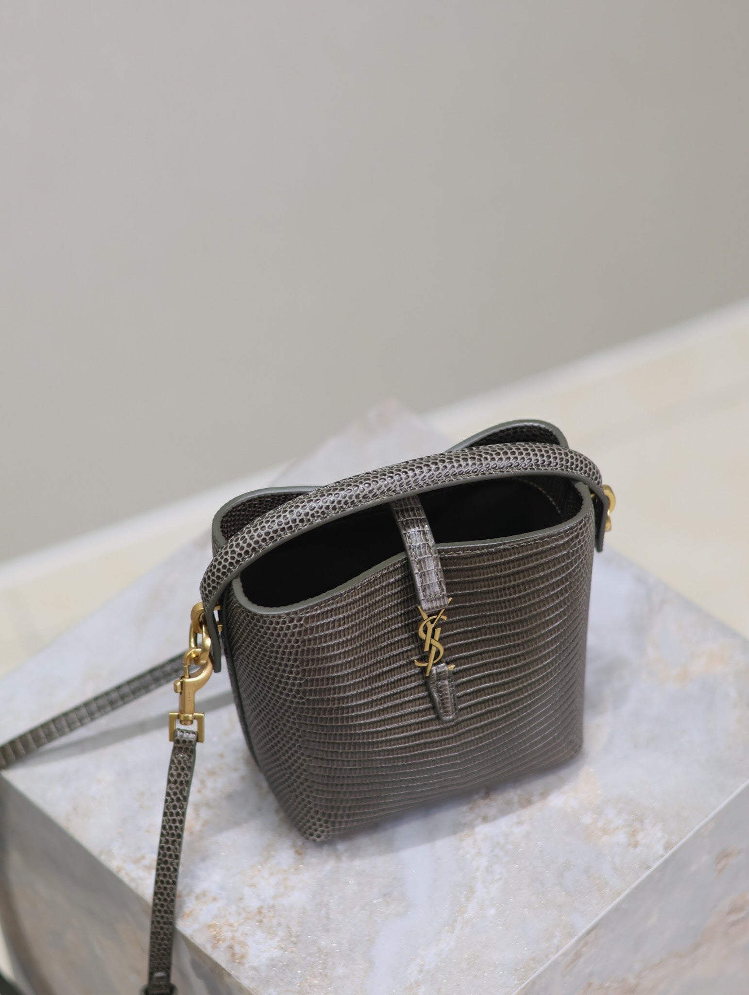 YSL 25S LE 37 MINI 15 IN BROWN LIZARD PATTERN CALFSKIN GOLD HARDWRE