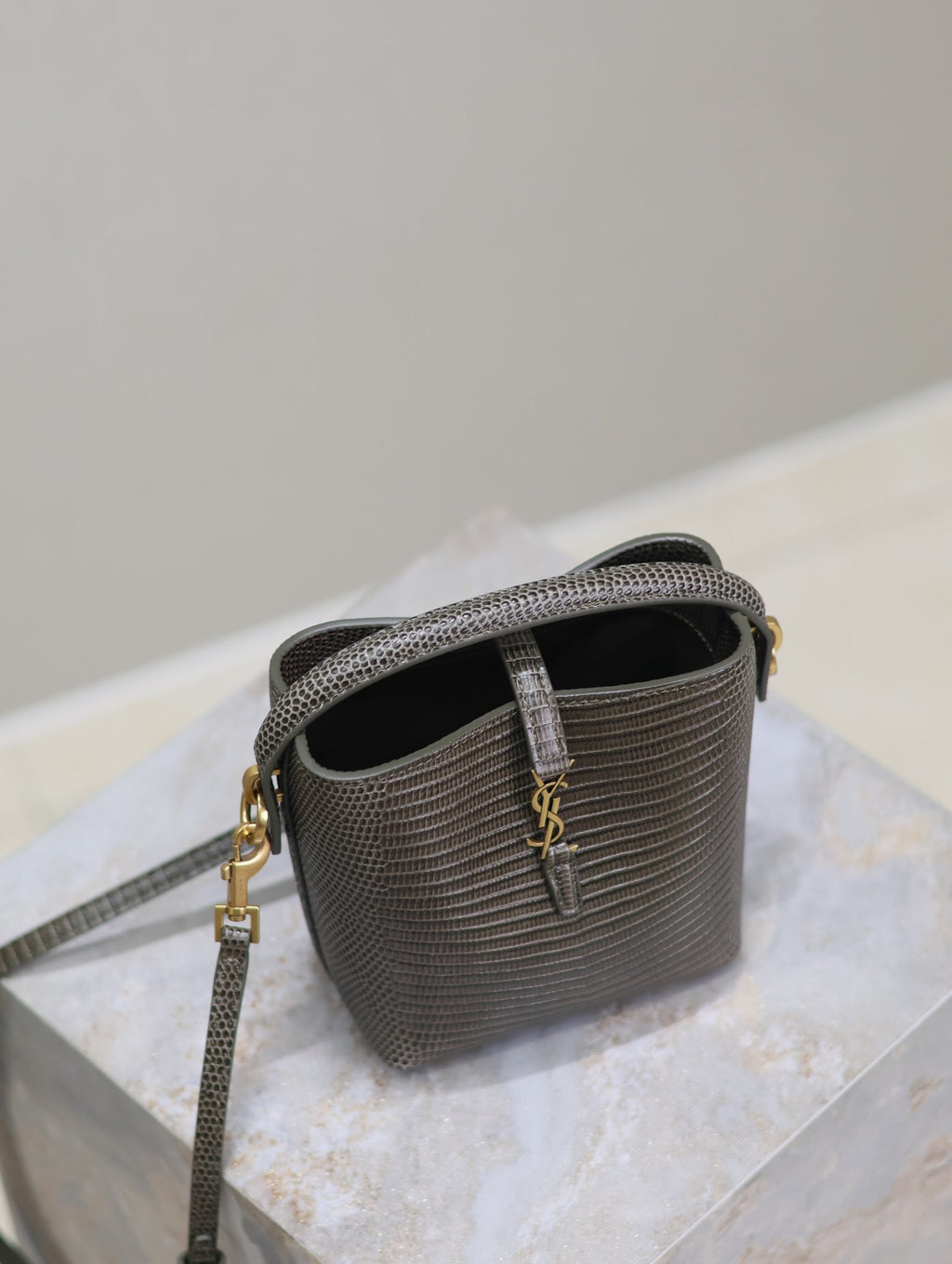 YSL 25S LE 37 MINI 15 IN BROWN LIZARD PATTERN CALFSKIN GOLD HARDWARE