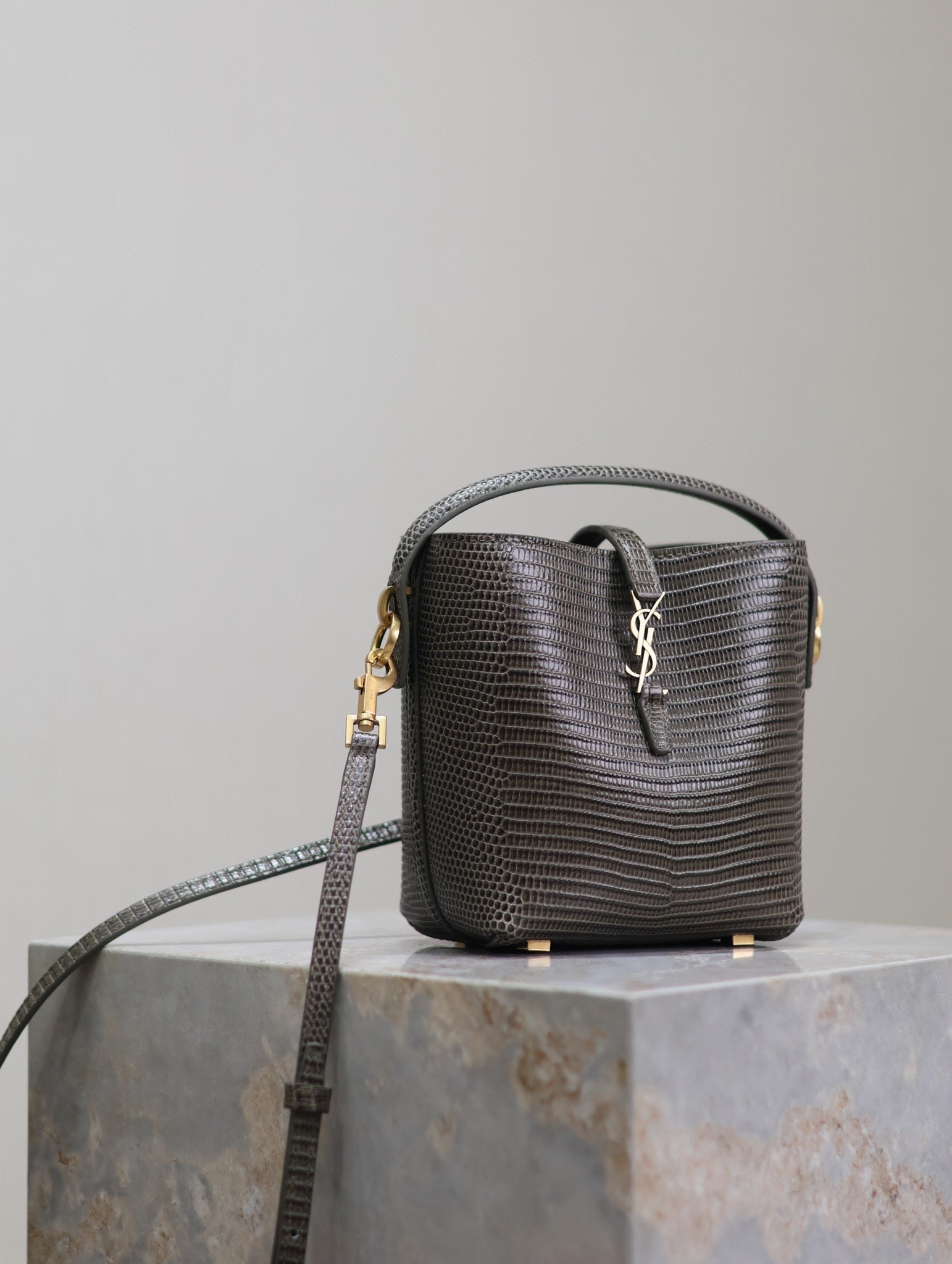 YSL 25S LE 37 MINI 15 IN BROWN LIZARD PATTERN CALFSKIN GOLD HARDWRE