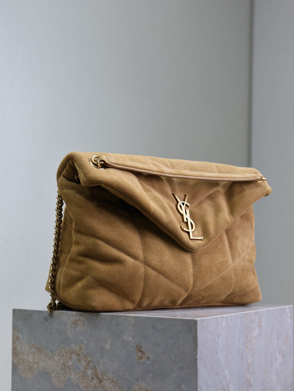 YSL 25S LOULOU PUFFER GM 35 IN TAN BROWN SUEDE GOLD HARDWARE