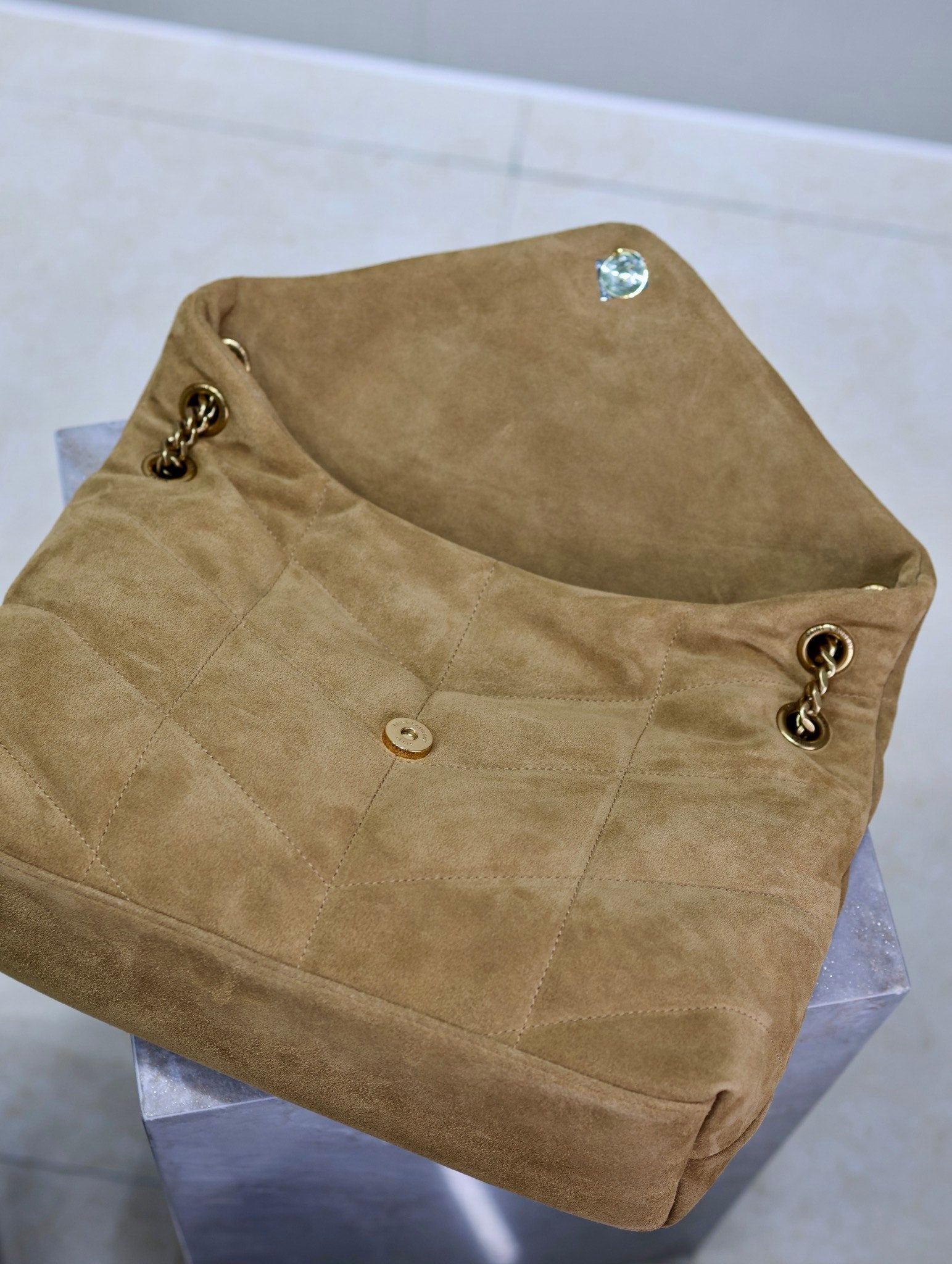 YSL 25S LOULOU PUFFER GM 35 IN TAN BROWN SUEDE GOLD HARDWARE