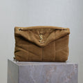 YSL 25S LOULOU PUFFER MM 29 IN TAN BROWN SUEDE GOLD HARDWRE