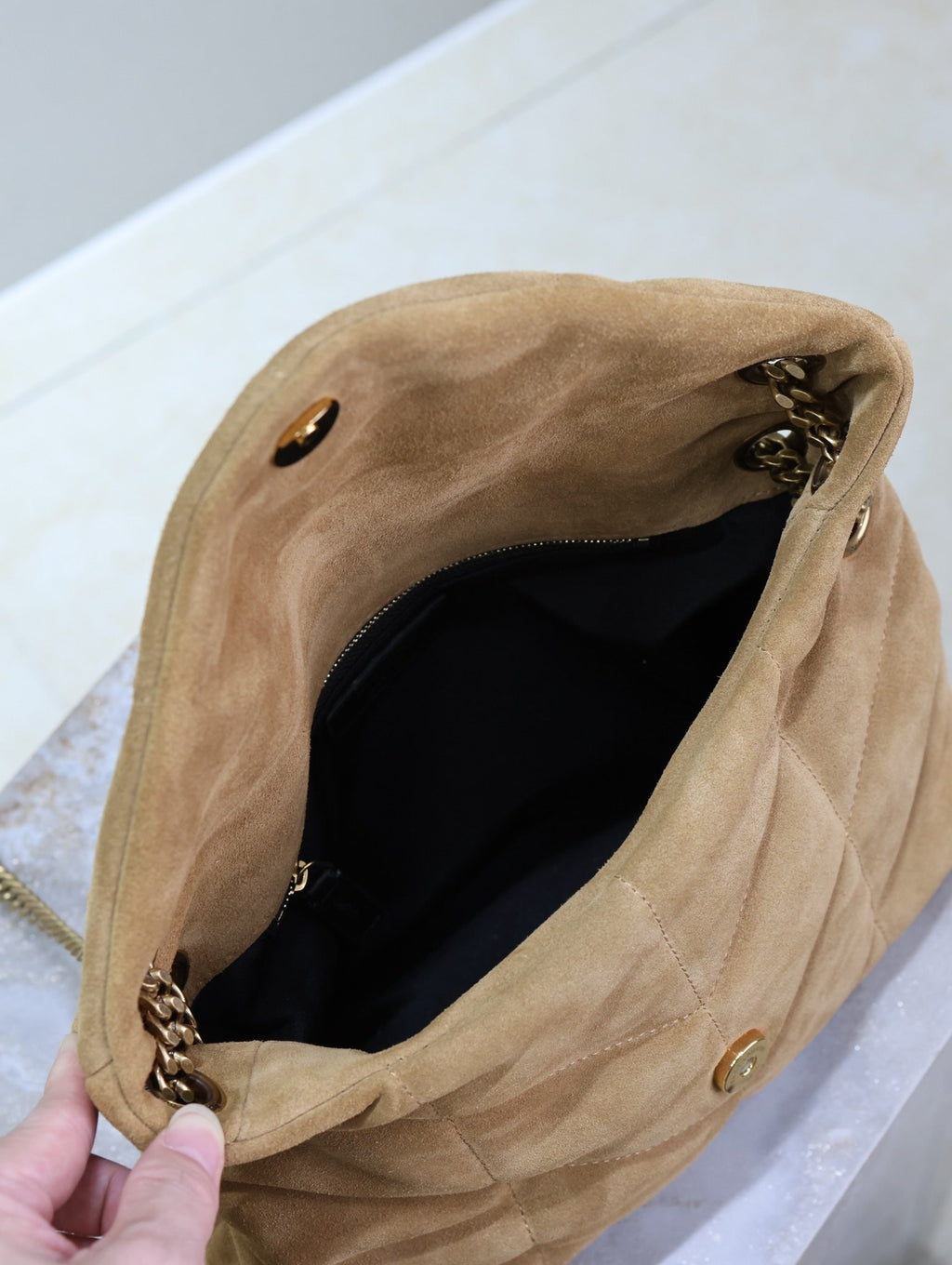 YSL 25S LOULOU PUFFER MM 29 IN TAN BROWN SUEDE GOLD HARDWRE