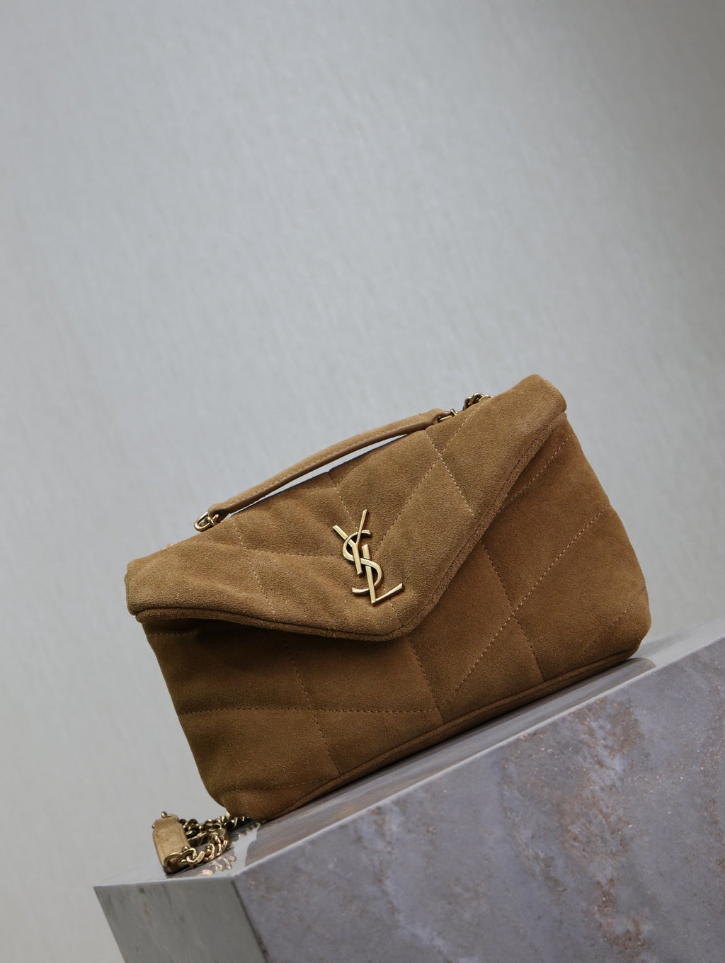 YSL 25S LOULOU PUFFER MINI 23 IN TAN BROWN SUEDE GOLD HARDWARE