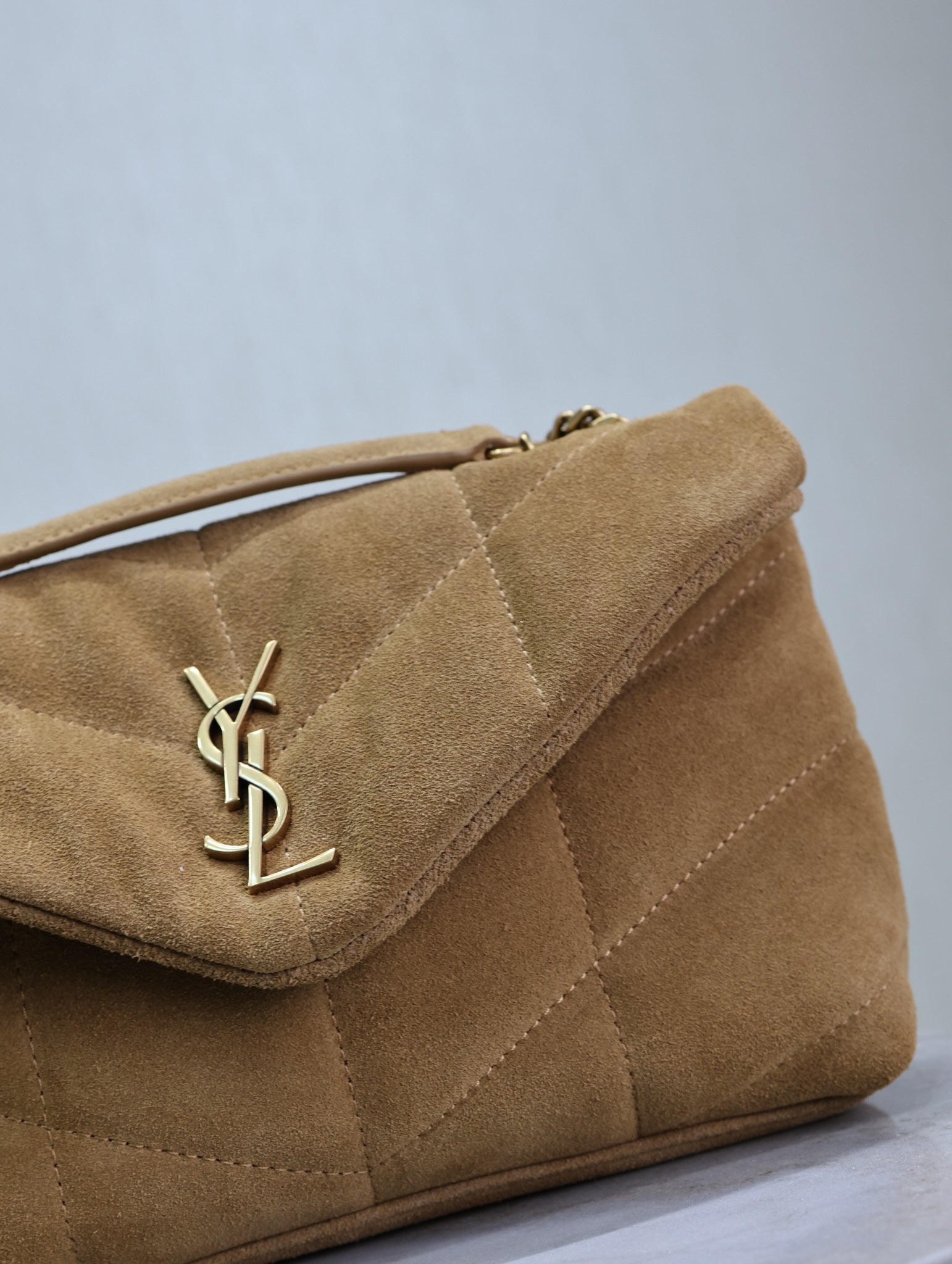YSL 25S LOULOU PUFFER MINI 23 IN TAN BROWN SUEDE GOLD HARDWRE