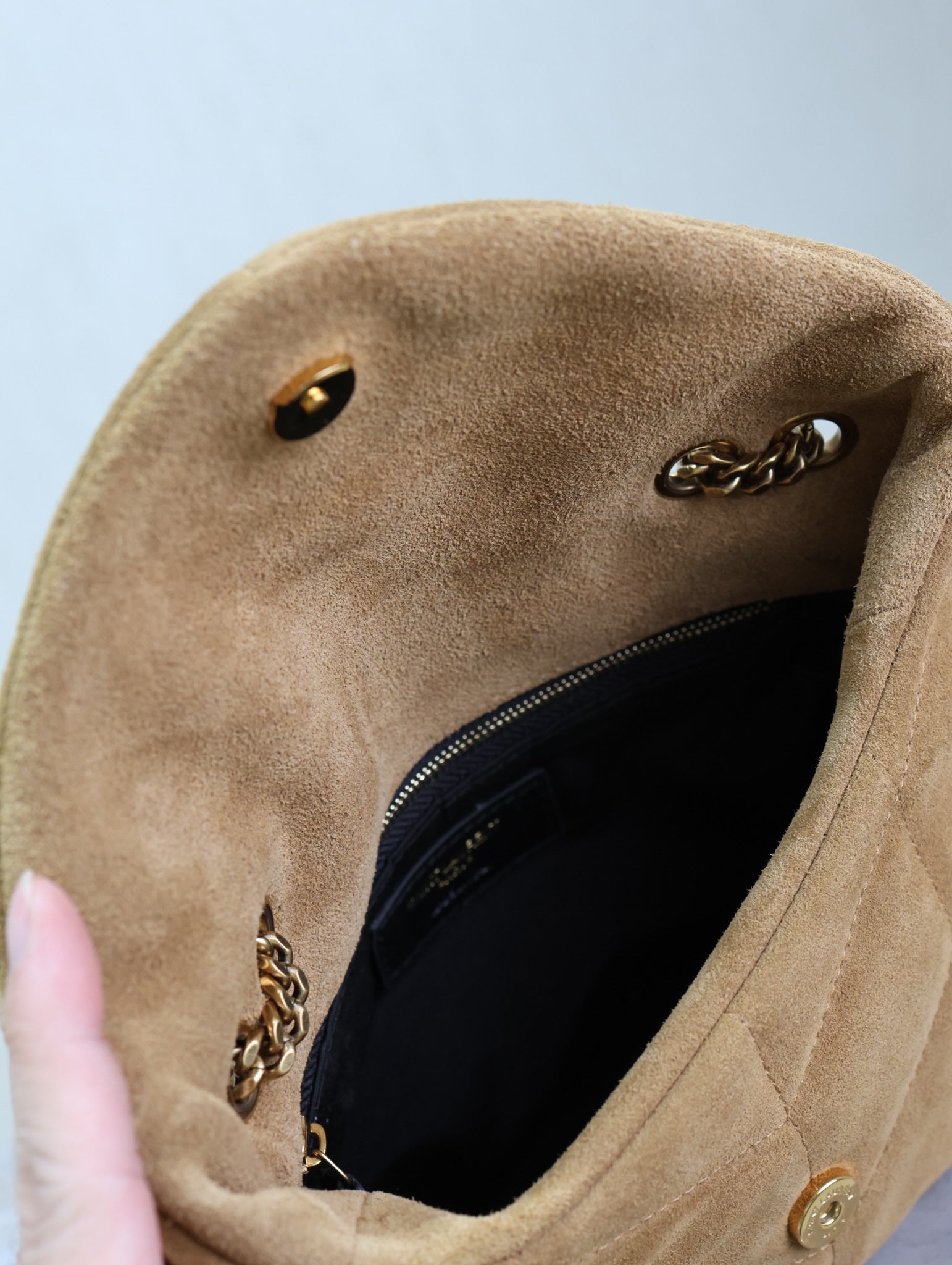 YSL 25S LOULOU PUFFER MINI 23 IN TAN BROWN SUEDE GOLD HARDWRE