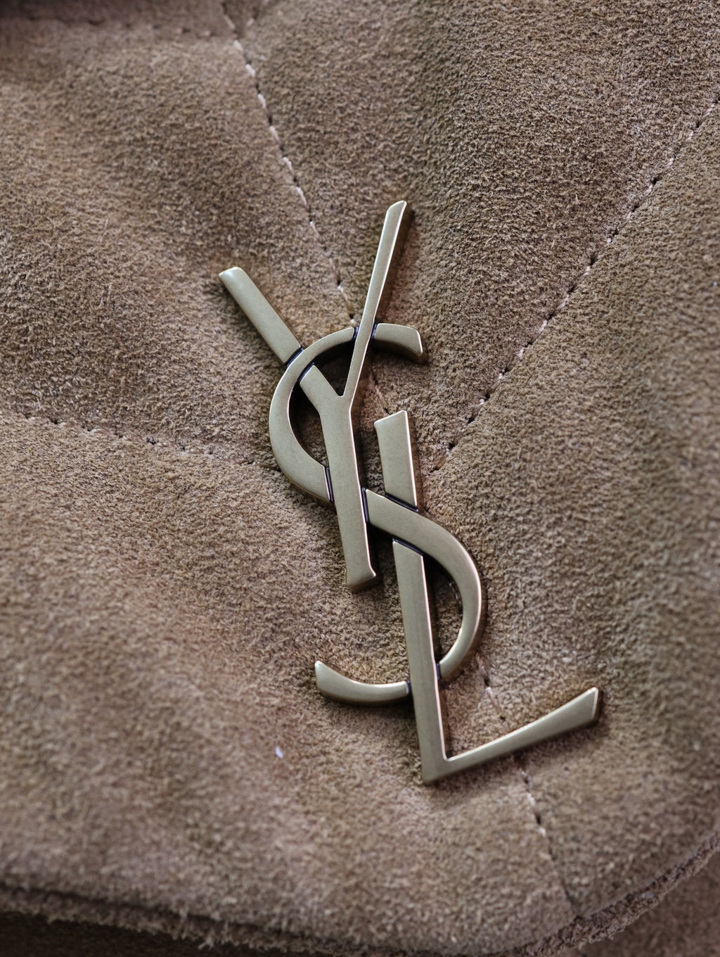 YSL 25S LOULOU PUFFER MINI 23 IN TAN BROWN SUEDE GOLD HARDWRE