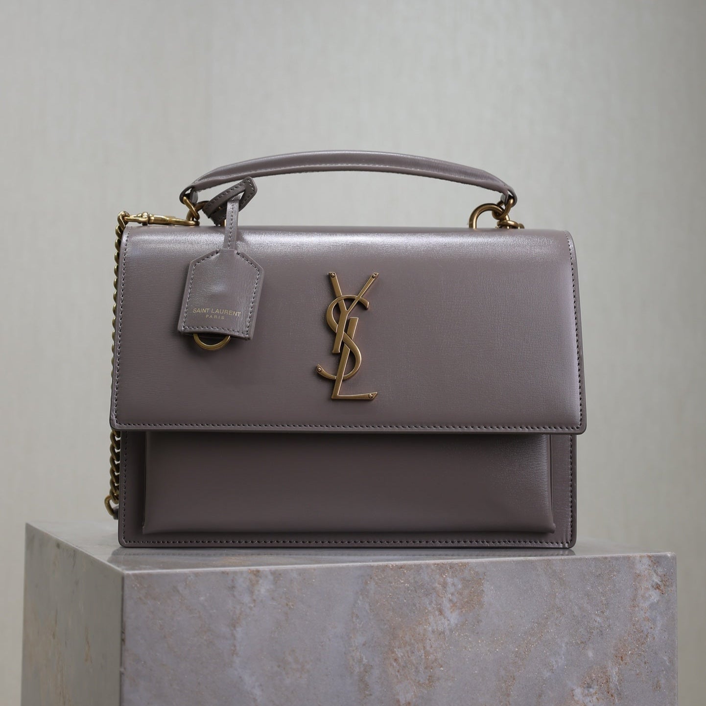 YSL 25S SUNSET MM 25 IN GRAYISH PURPLE CALFSKIN GOLD HARDWRE