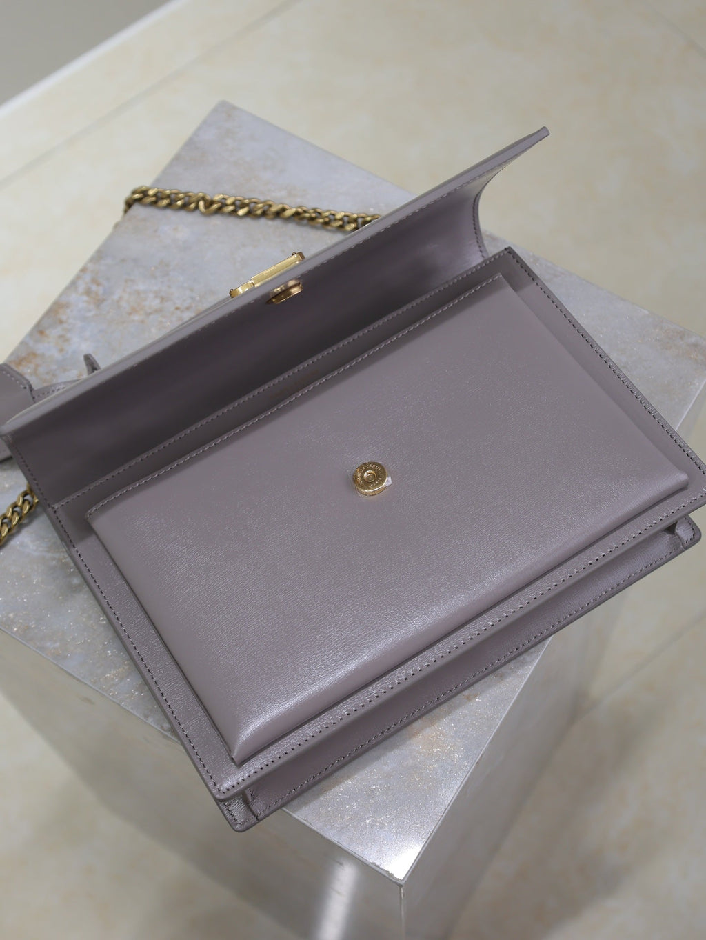 YSL 25S SUNSET MM 25 IN GRAYISH PURPLE CALFSKIN GOLD HARDWRE