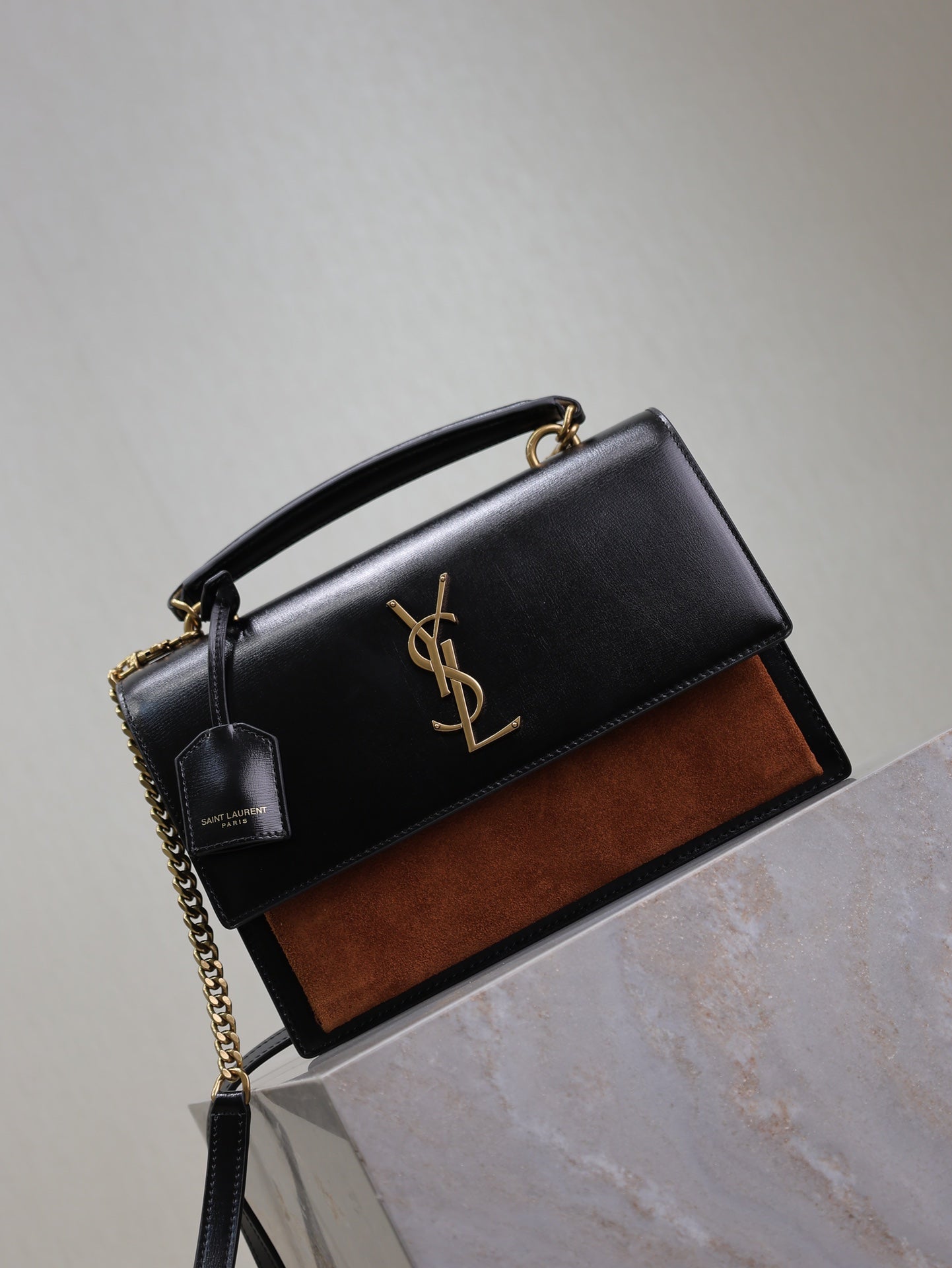 YSL 25S SUNSET MM 25 IN BLACK CALFSKIN AND CARAMEL SUEDE GOLD HARDWARE