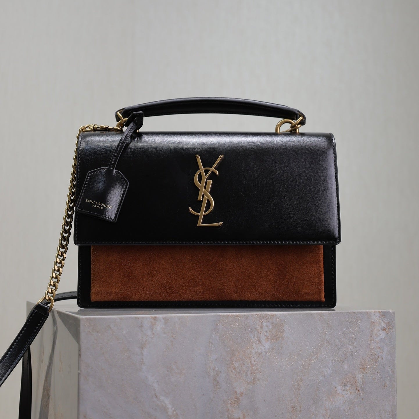 YSL 25S SUNSET MM 25 IN BLACK CALFSKIN AND CARAMEL SUEDE GOLD HARDWRE