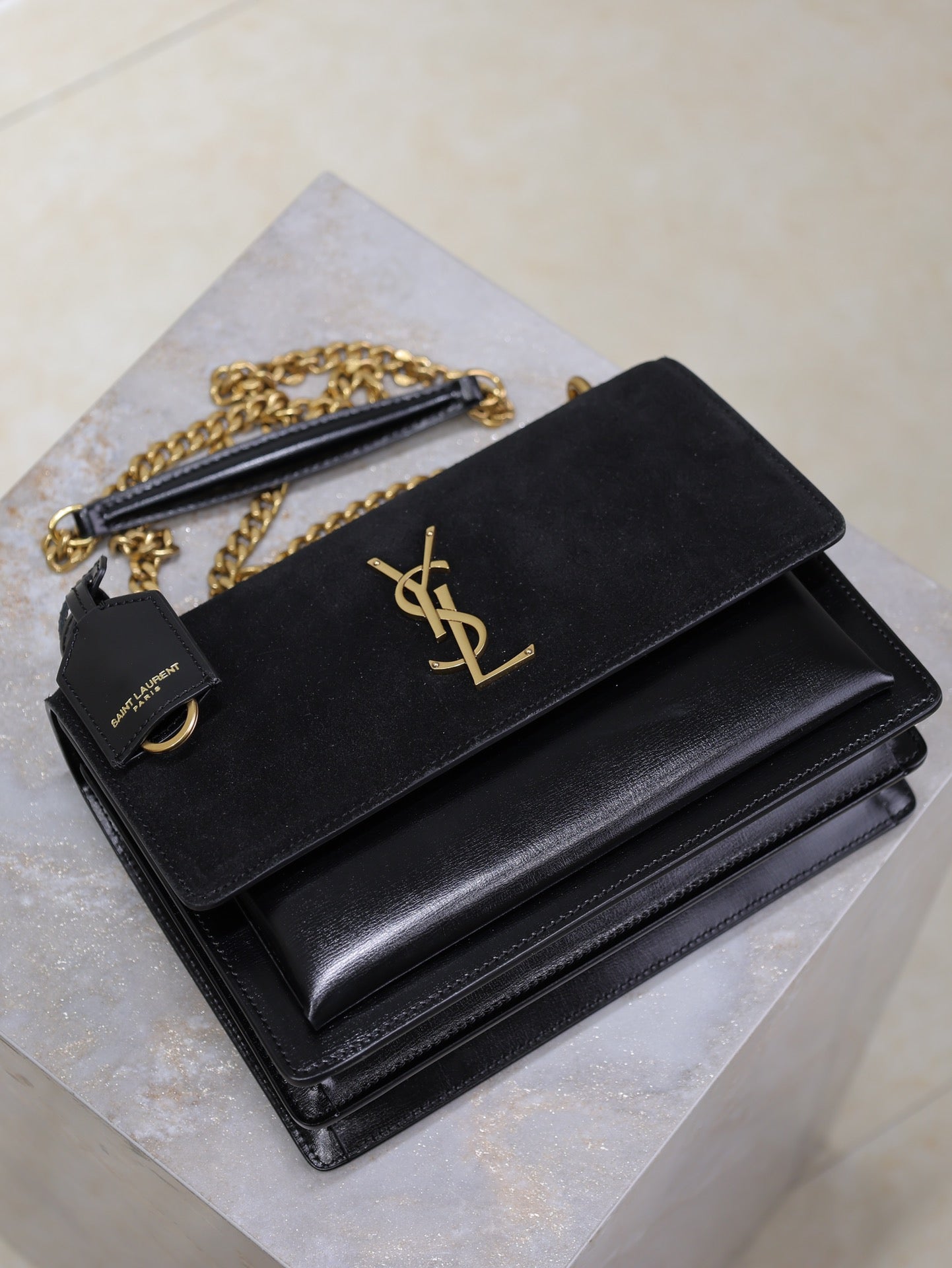 YSL 25S SUNSET BAG 22 IN BLACK CALFSKIN AND SUEDE GOLD HARDWRE