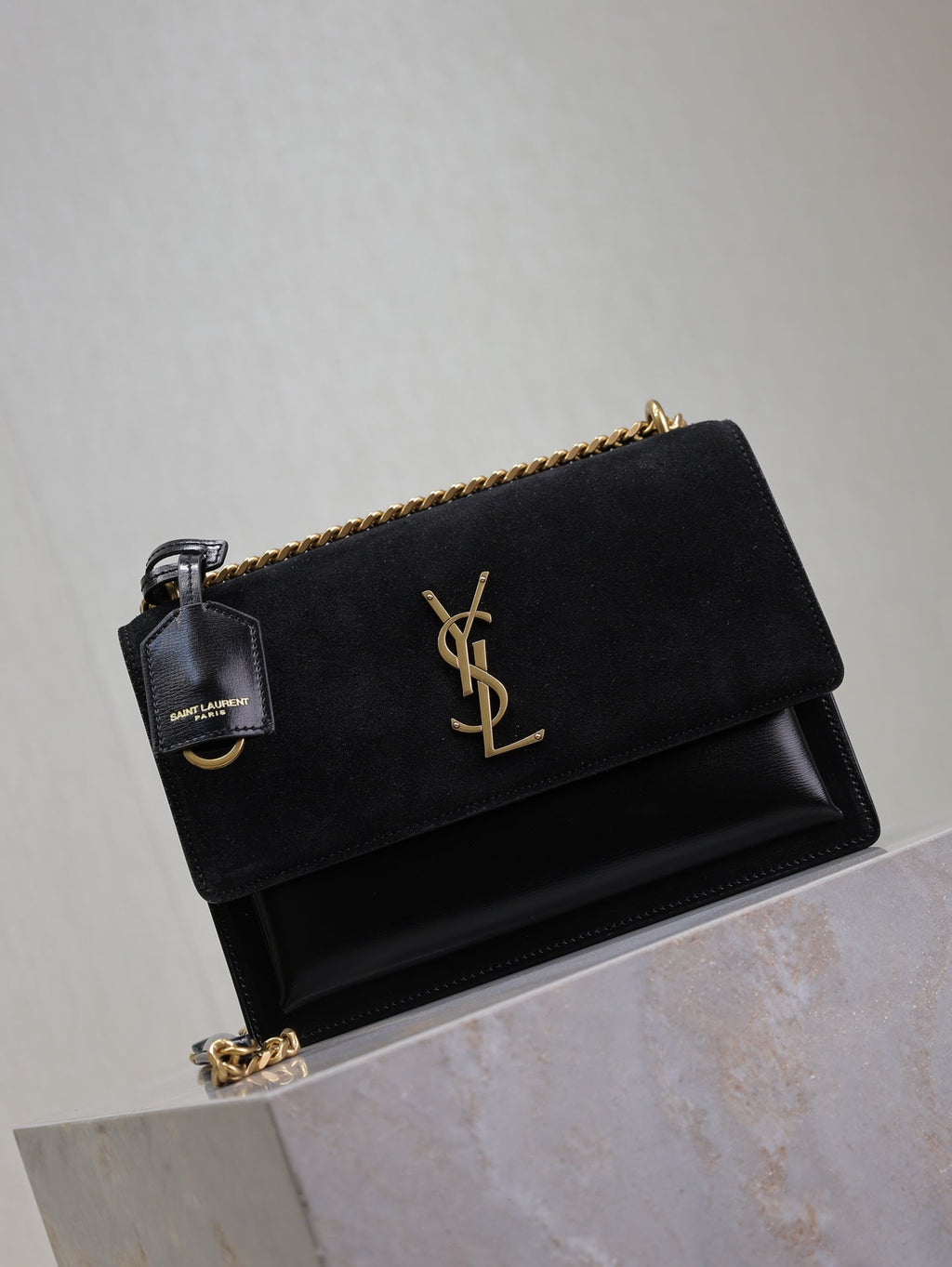 YSL 25S SUNSET BAG 22 IN BLACK CALFSKIN AND SUEDE GOLD HARDWRE