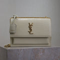 YSL 25S SUNSET MEDIUM 22 IN IVORY CROCODILE-EMBOSSED SHINY CALFSKIN GOLD HARDWRE