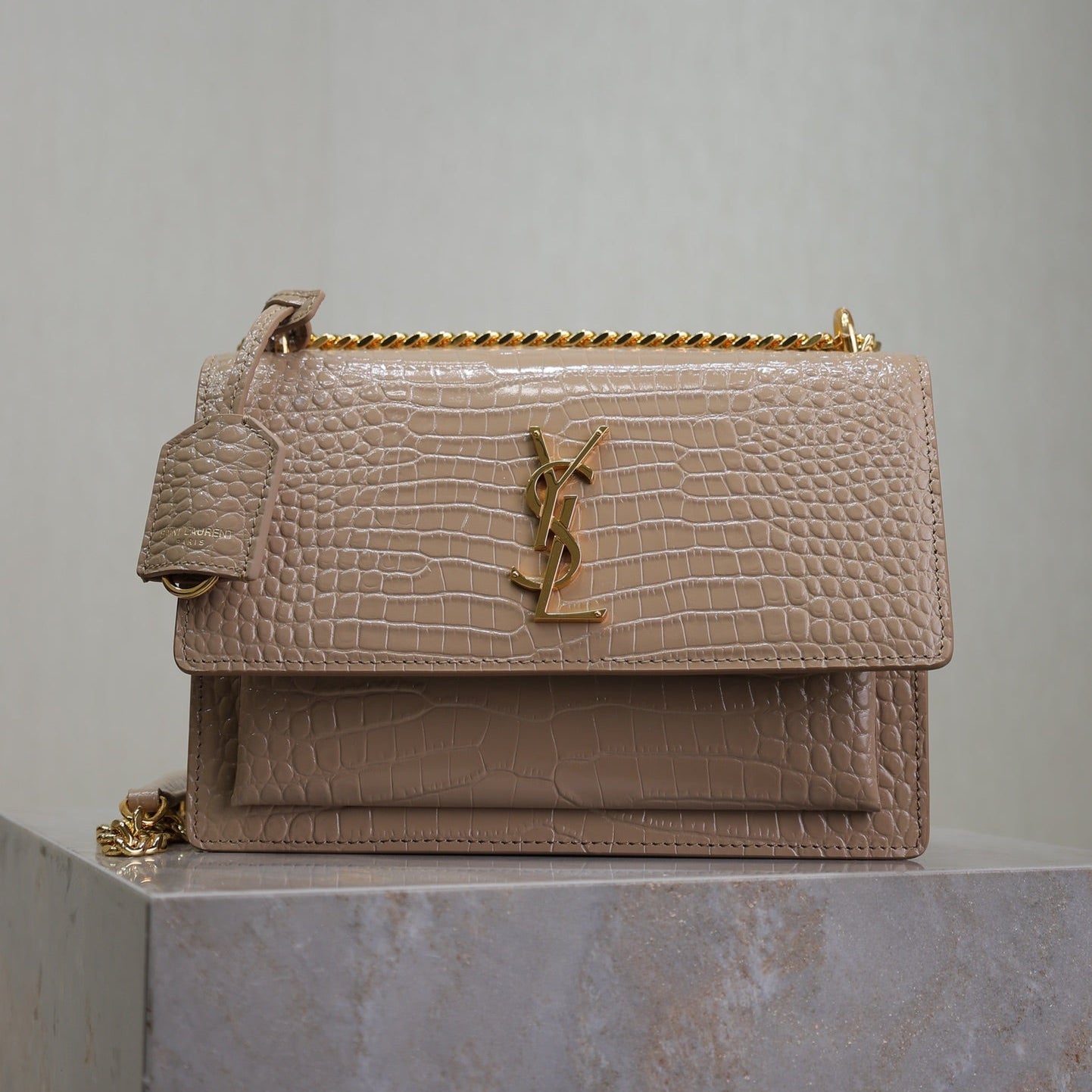 YSL 25S SUNSET MEDIUM 22 IN NUDE CROCODILE-EMBOSSED SHINY CALFSKIN GOLD HARDWRE