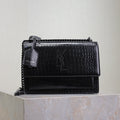 YSL 25S SUNSET MEDIUM 22 IN BLACK CROCODILE-EMBOSSED SHINY CALFSKIN BLACK HARDWRE