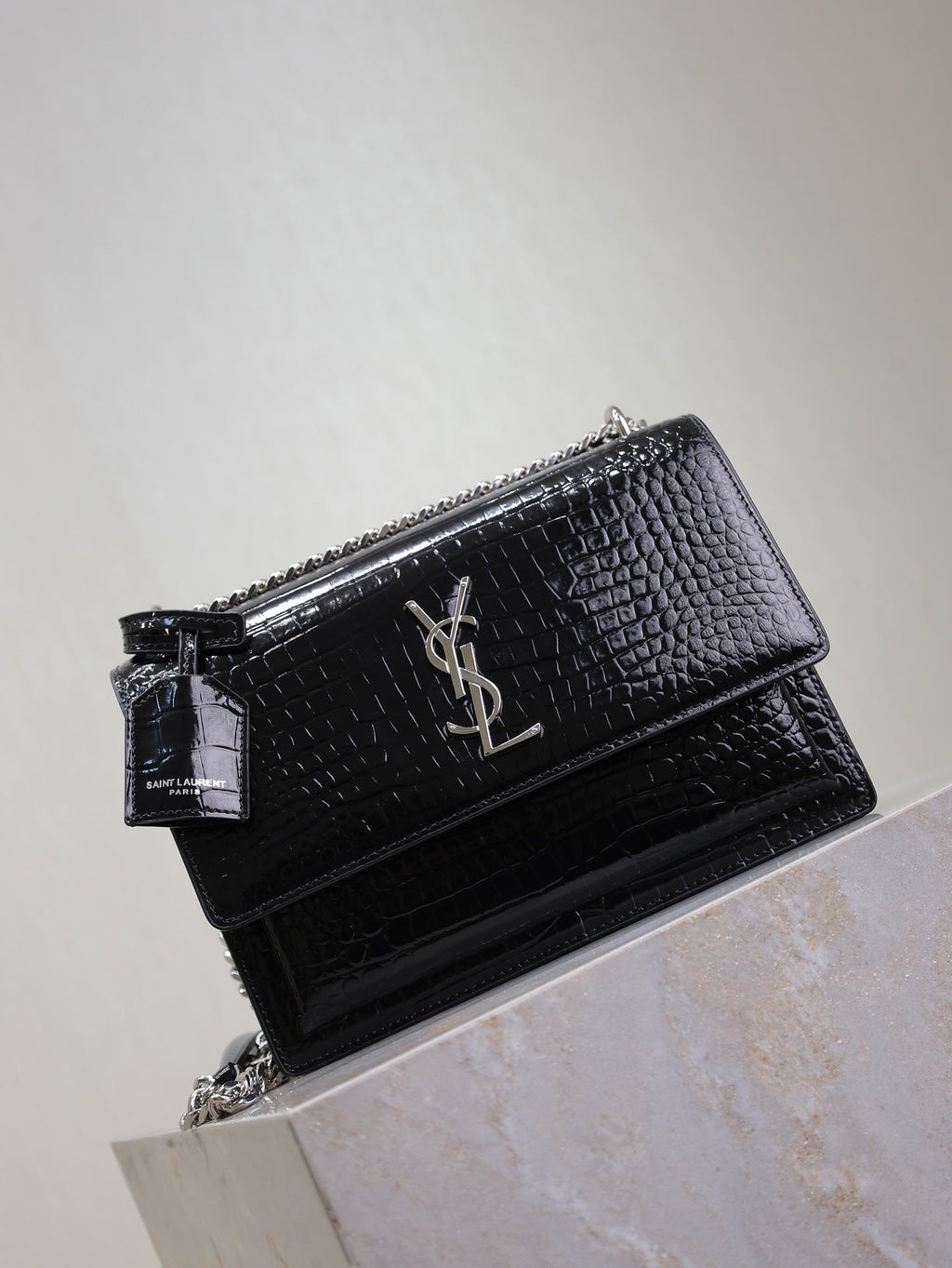 YSL 25S SUNSET MEDIUM 22 IN BLACK CROCODILE-EMBOSSED SHINY CALFSKIN SILVER HARDWRE