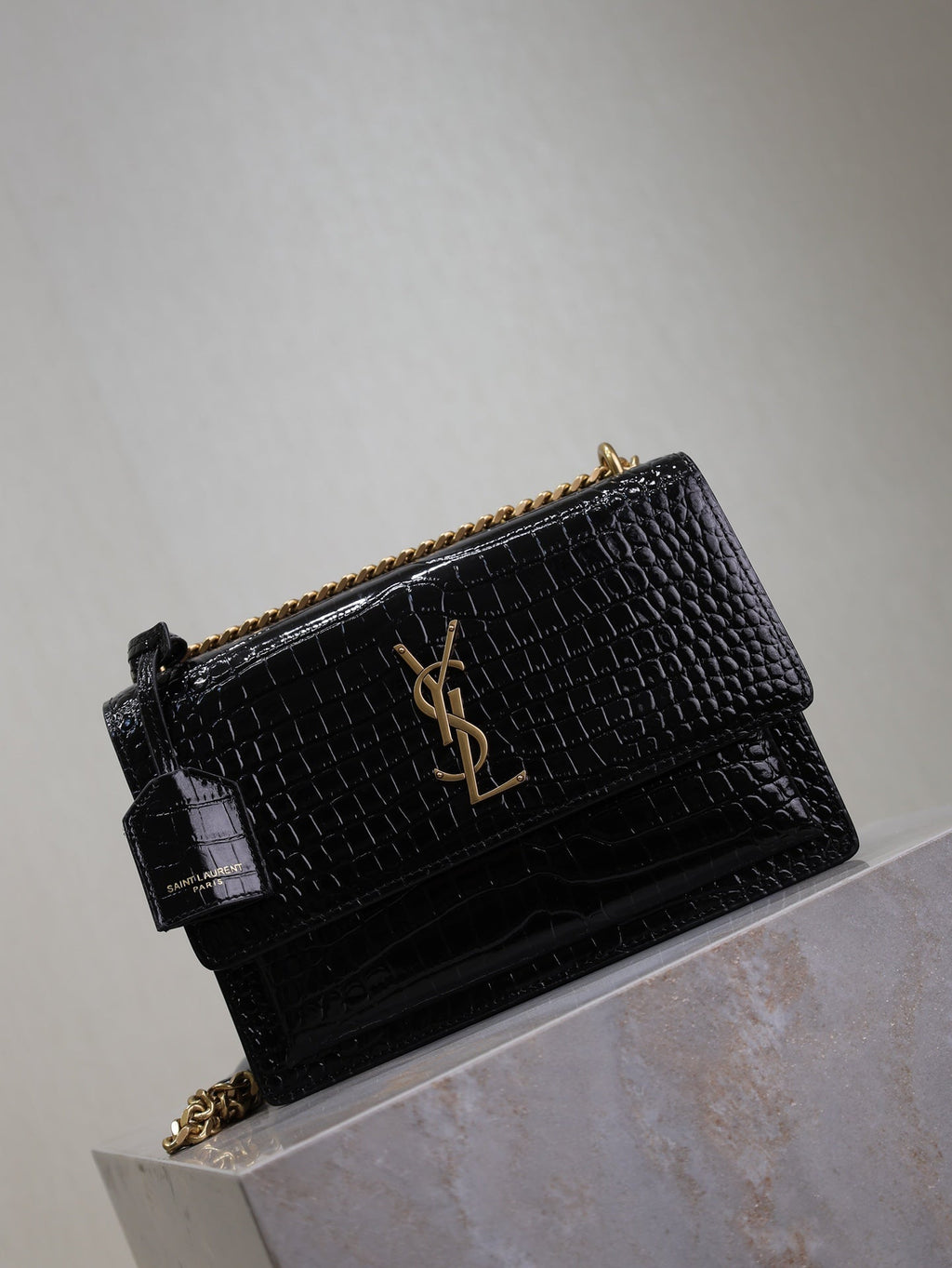 YSL 25S SUNSET MEDIUM 22 IN BLACK CROCODILE-EMBOSSED SHINY CALFSKIN GOLD HARDWRE