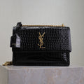 YSL 25S SUNSET MEDIUM 22 IN BLACK CROCODILE-EMBOSSED SHINY CALFSKIN GOLD HARDWRE