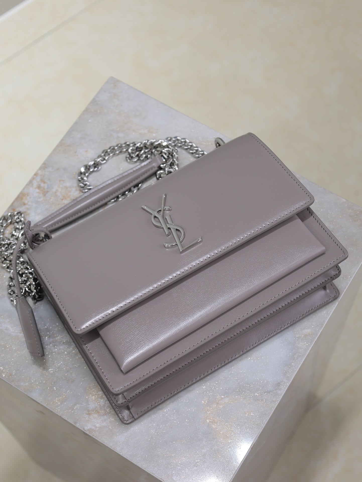 YSL 25S SUNSET BAG 22 IN DARK PURPLE CALFSKIN SILVER HARDWRE