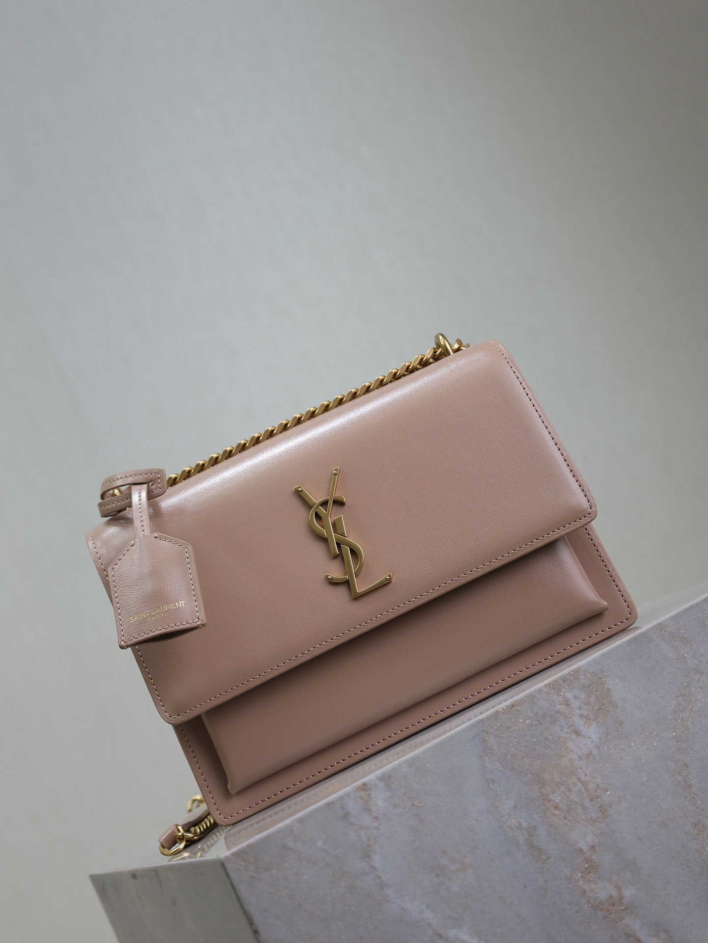 YSL 25S SUNSET BAG 22 IN WARM TAUPE PINK CALFSKIN GOLD HARDWARE