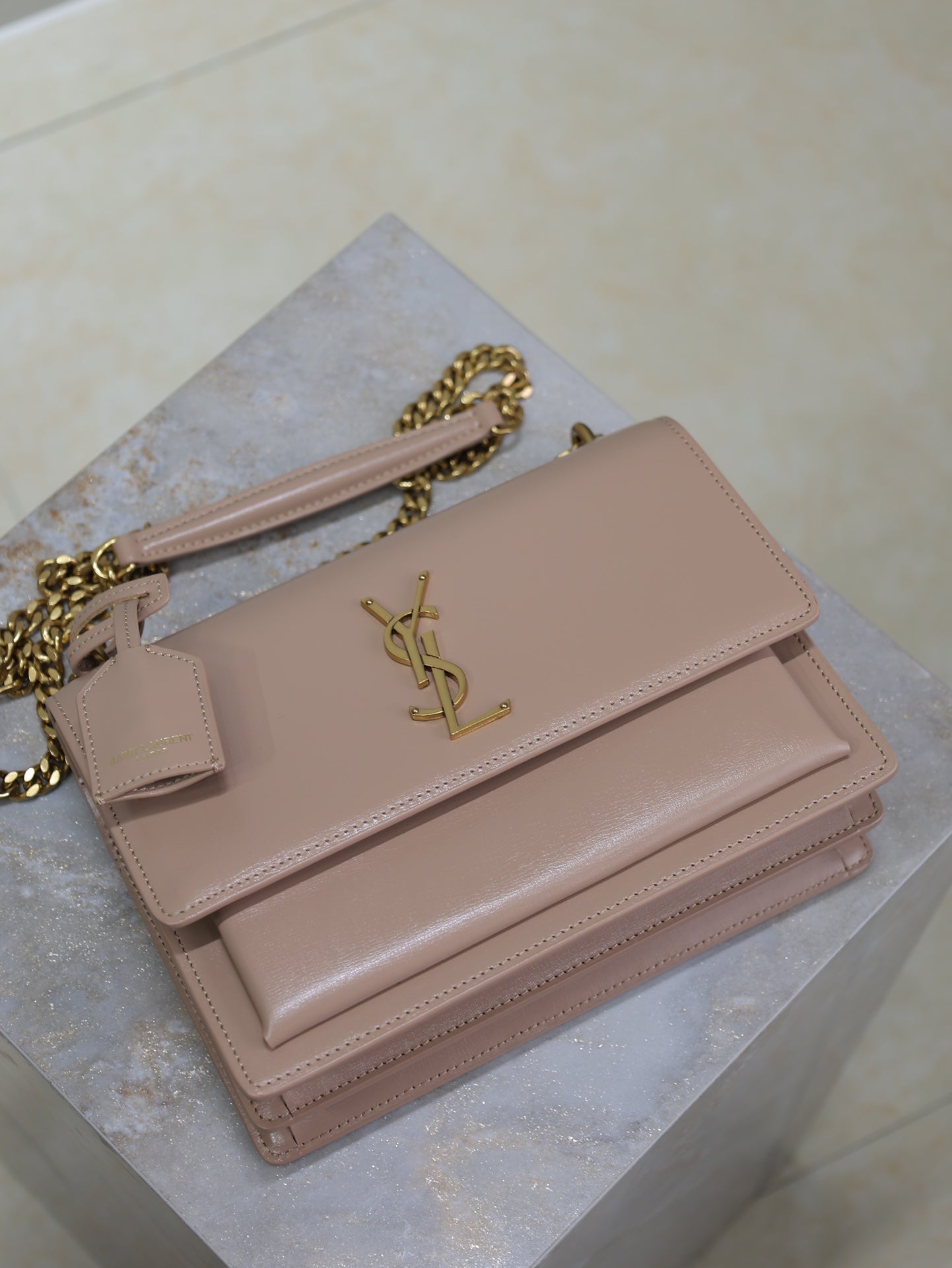 YSL 25S SUNSET BAG 22 IN WARM TAUPE PINK CALFSKIN GOLD HARDWRE