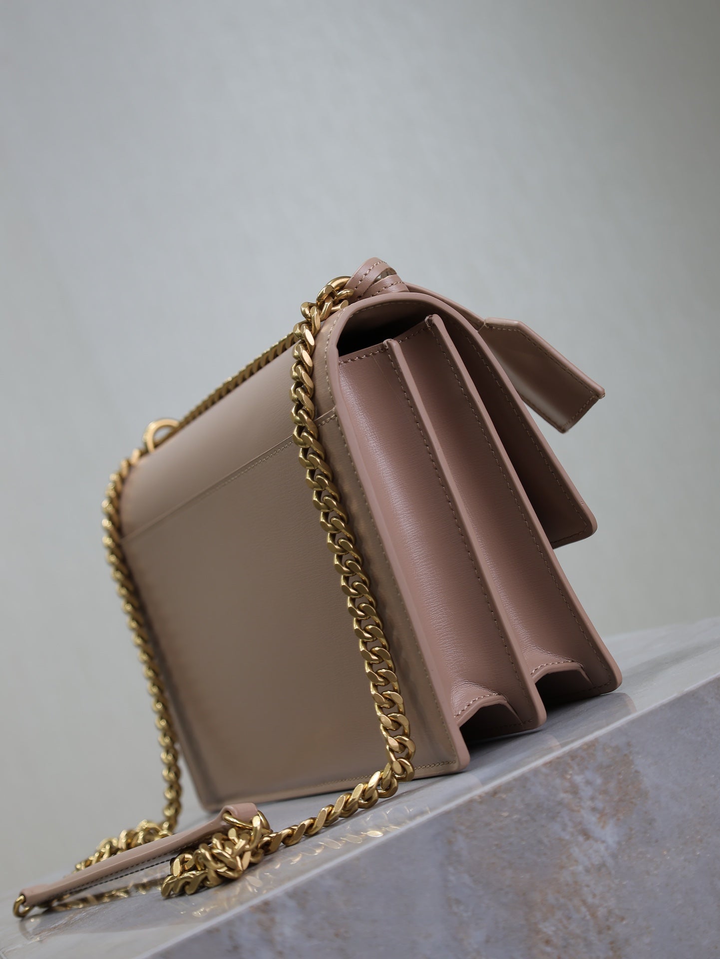 YSL 25S SUNSET BAG 22 IN WARM TAUPE PINK CALFSKIN GOLD HARDWARE