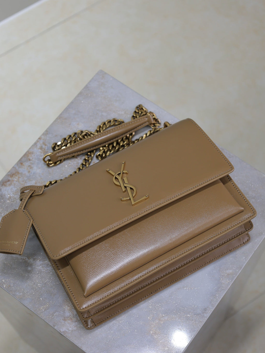 YSL 25S SUNSET BAG 22 IN BROWN CALFSKIN GOLD HARDWARE