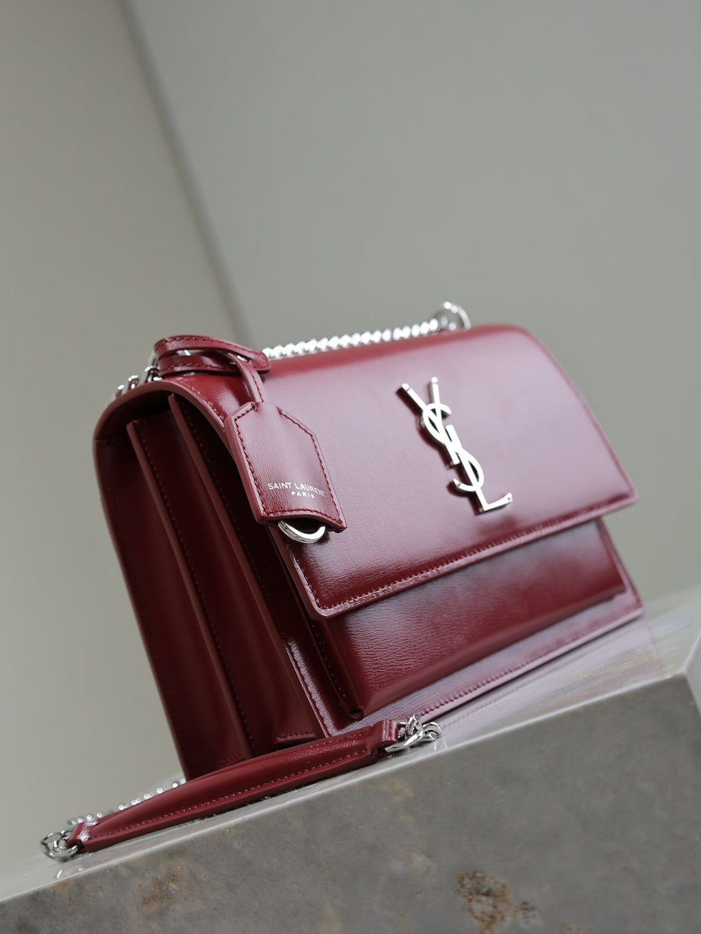 YSL 25S SUNSET BAG 22 IN CRIMSON RED CALFSKIN SILVER HARDWARE
